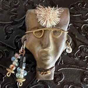 Unique Rare Vintage Jewelry 1990's Ceramic Punk Style Fashion Face Brooch